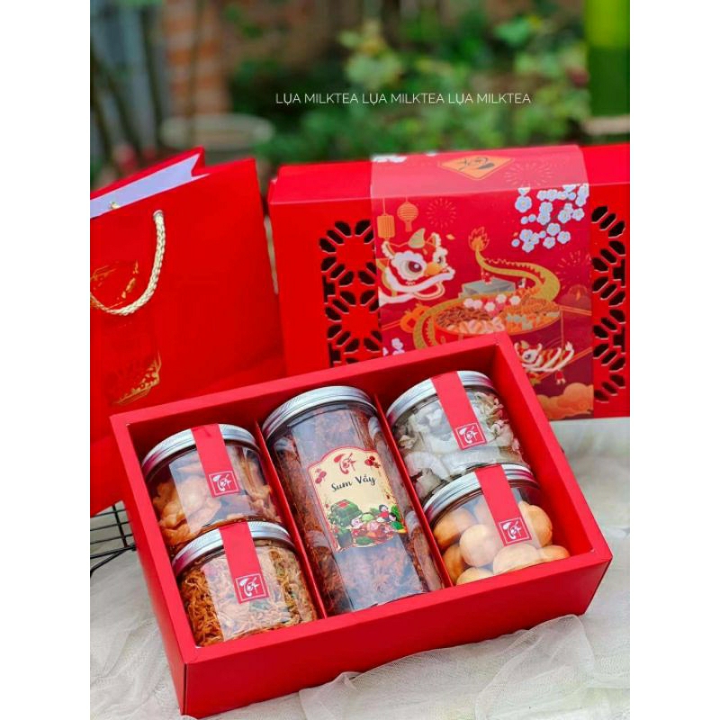 Tem dán đồ ăn vặt, hoa quả, mứt quà tặng Tết