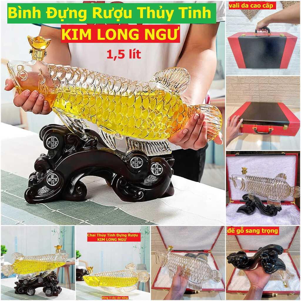 Bộ vali Bình Thủy Tinh Đựng Rượu cá kim long 1,500ML cao cấp – kèm vali da và đế gỗ - Vỏ Chai Rượu Đẹp làm quà