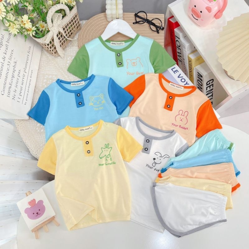 Siêu phẩm mới bộ gắn tay trẻ em thêu hình mặt gấu cho bé trai gái, chất thun lạnh mikymom  cho bé 6/18kg