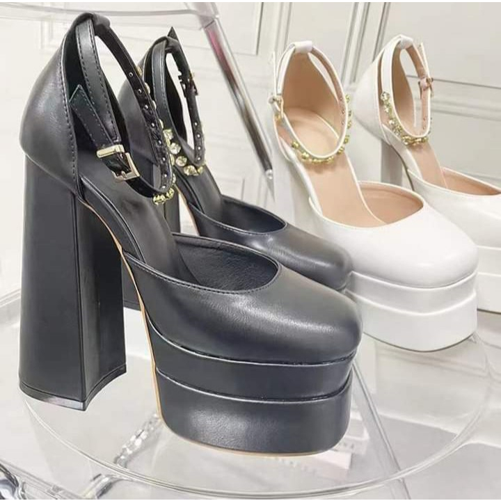 Giày Cao Gót Sandal Hai Lớp Mũi Vuông Đính Đá Chống Nước Cao Cấp Phong Cách Hong Kong Hàng Mới Dành Cho Bạn Nữ