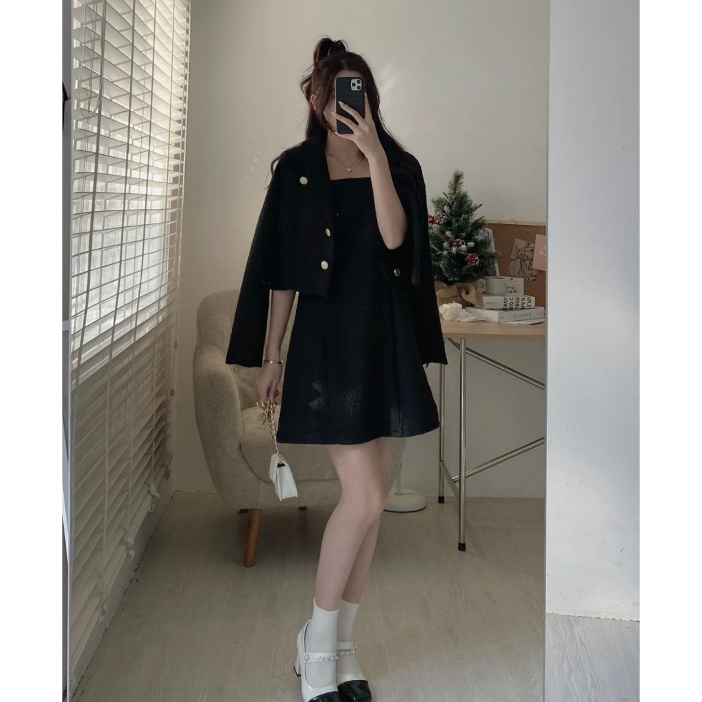 SET DẠ TWEED VÁY HAI DÂY KÈM ÁO KHOÁC VEST DÁNG CROPTOP SDTTVH