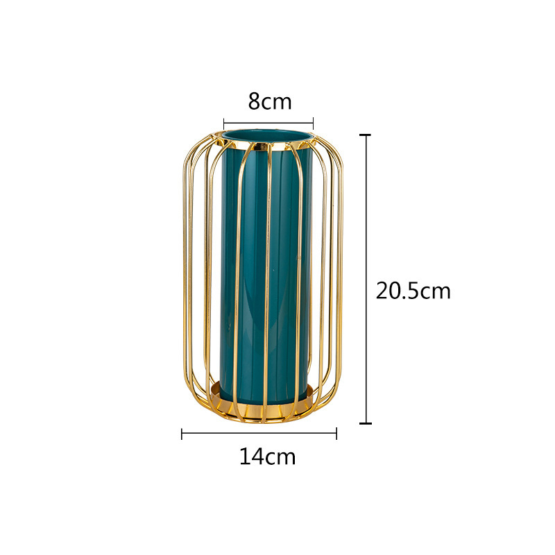 Lọ hoa thuỷ tinh khung kim loại mạ vàng trang trí phòng khách cao 20 cm