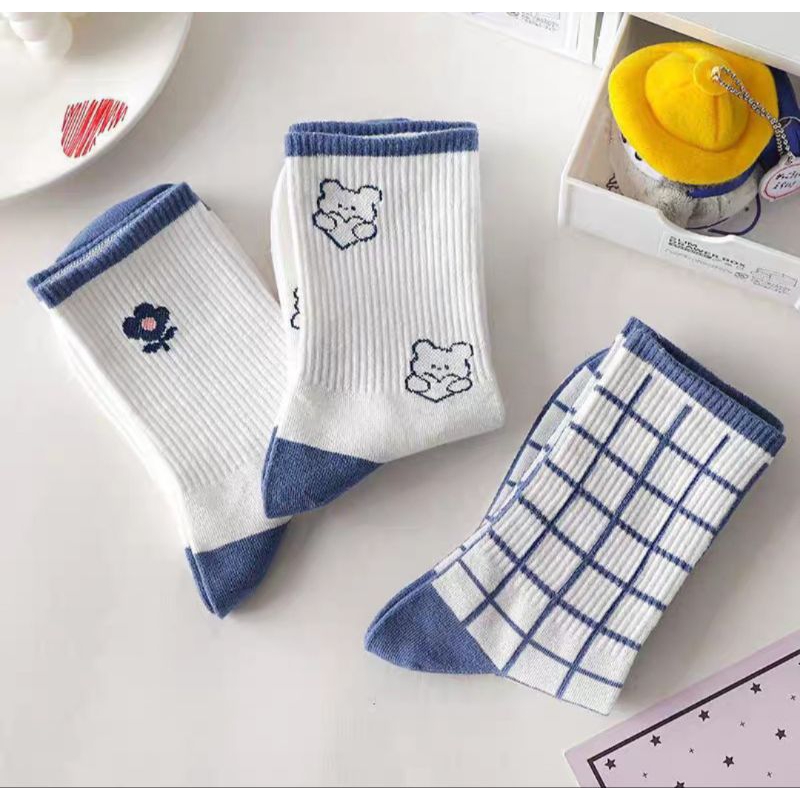 Set 5 đôi tất vớ xanh cao cổ họa tiết gấu phối màu trẻ trung trendy hàng đẹp giá rẽ mẫu mới hot hit