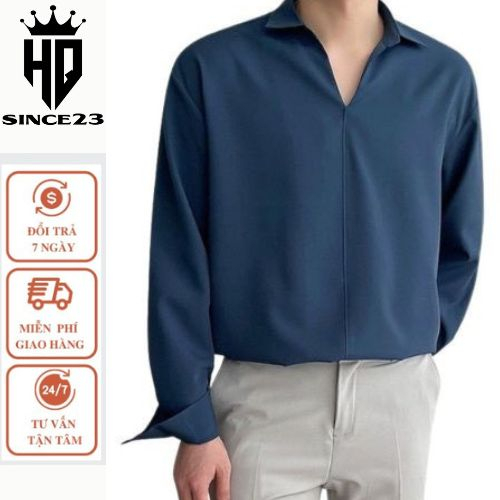 Áo sơ mi nam CỔ CHUI dài tay không cúc kiểu dáng unisex form rộng chất vải kate hàn mịn mát phong cách Hàn Quốc