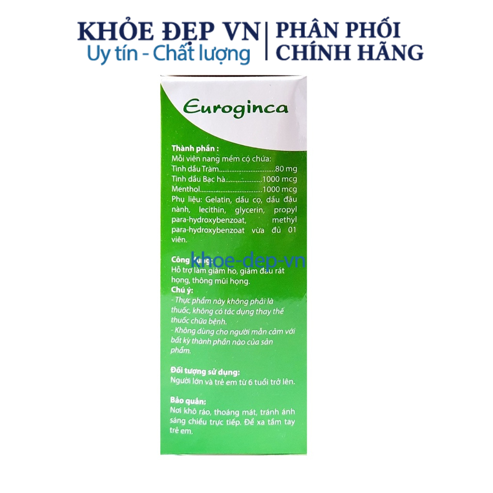 Viên uống Euroginca  thảo dược tự nhiên giúp giảm ho, đau rát họng, thông mũi họng – hộp 100 viên nang mềm