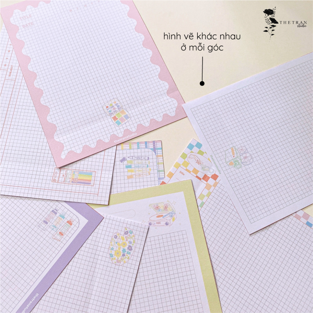 Bộ 10 tờ giấy ghi chép kẻ caro - A4, B5, A5, A6 - dọc, ngang pastel / art notepad / thetranstudio