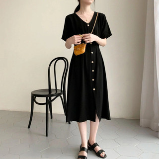 váy sơ mi nữ cổ V phong cách công sở, mẫu mới phối cúc thanh lịch, thời trang CS194