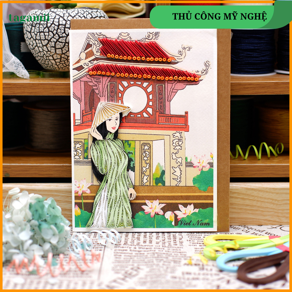 Thiệp Quilling Giấy Xoắn, Thiệp Cô Gái Bên Văn Miếu, Thiệp giấy Handmade làm Quà lưu niệm tặng Người thân 13cmx18cm
