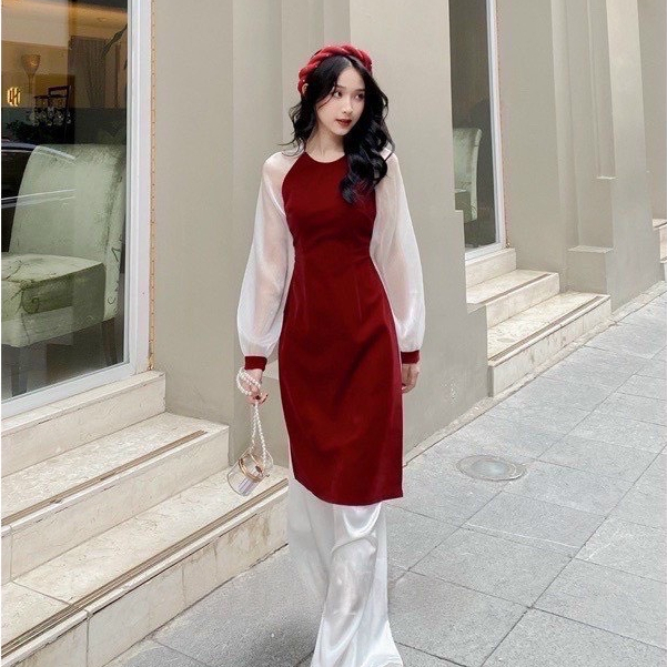 Áo Dài Nhung Tay Bồng Dáng Cách Tân Cho Nữ 2023