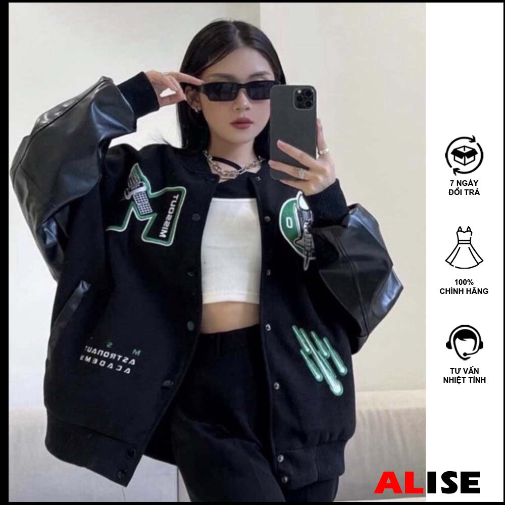 Áo khoác bomber nam nữ Unisex Jacket Varsity form rộng phối tay da bigsize thêu họa tiết (Mã 913) ALISE AK21