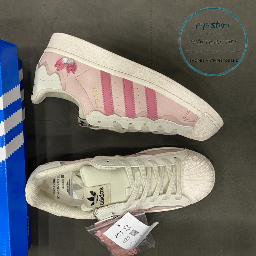 Giày adidas superstar, adidas Sò hồng, màu hồng kem bản S.C 2022 dây hồng full box