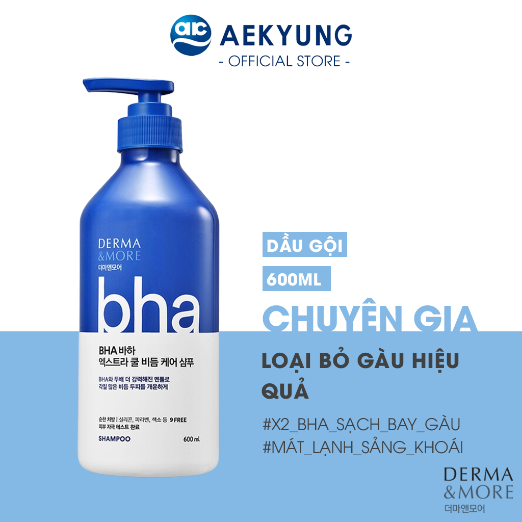 Dầu gội sạch gàu hết ngứa Derma & More BHA EXTRA COOL chiết xuất tinh dầu bạc hà mát lạnh, làm sạch sâu cho da đầu 600m