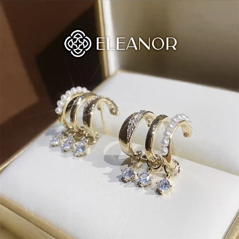 Bông tai nữ chuôi bạc 925 Eleanor Accessories đính đá ngọc trai nhân tạo phụ kiện trang sức dáng cong ba vòng