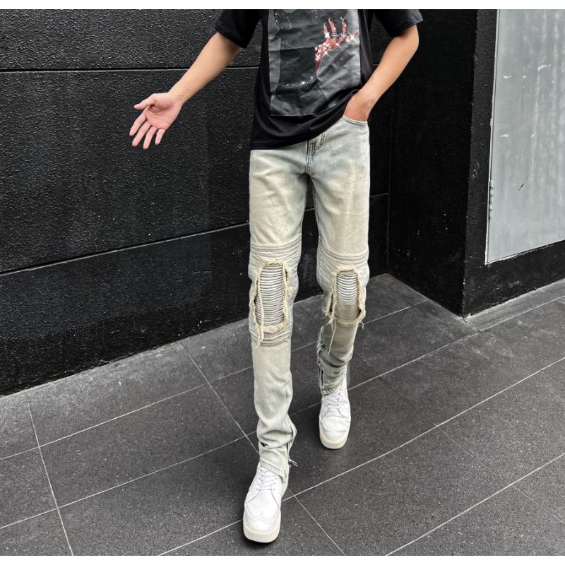 Quần jean nam QJ35 MAKVN miếng vá Bike màu xanh nhạt rách gối from bó phong cách năng động đường phố