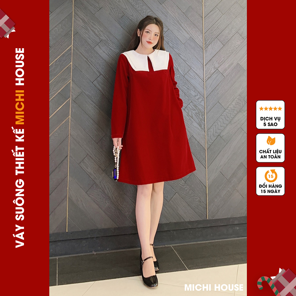 Đầm Suông Đỏ Mặc Tết Michi House Váy Xuông A Dáng Dài Đến Gối Phong Cách Hàn Quốc Freesize Bầu Mặc Cũng Xinh V566