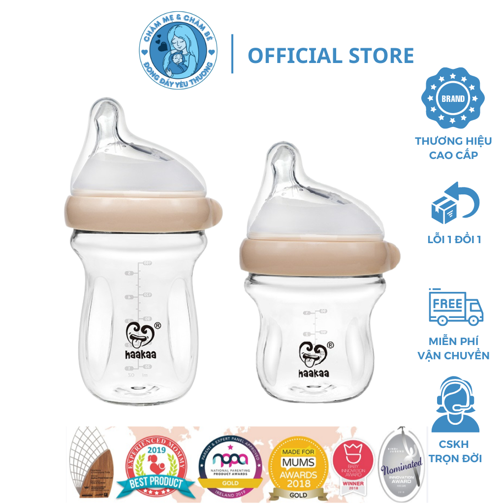 Bình Sữa Thủy Tinh Gen.3 Haakaa. Dung tích 90ml và 160ml. Chống sặc, chống đầy hơi cho bé