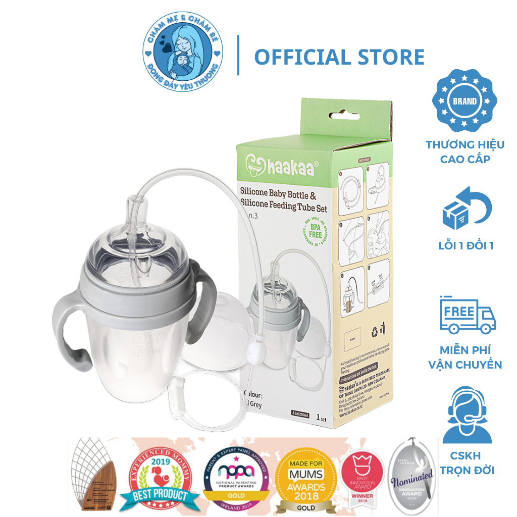 Combo Bình sữa silicone Gen.3 250ml kèm ống hỗ trợ bú sữa Haakaa. Hỗ trợ cho bé ti sữa hiệu quả