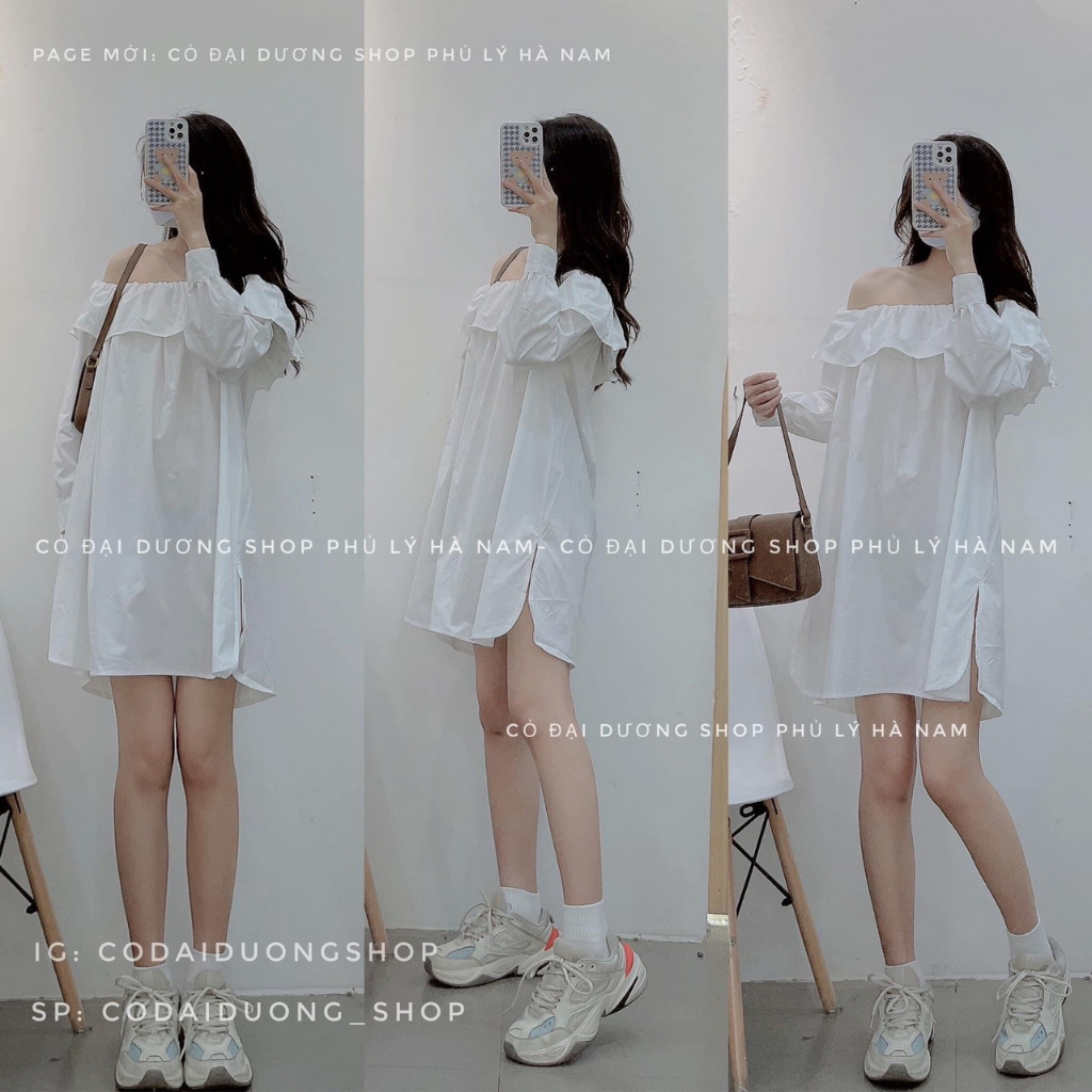 Váy trễ vai viền bèo xẻ, đầm trắng dài tay xinh xắn, nữ tính