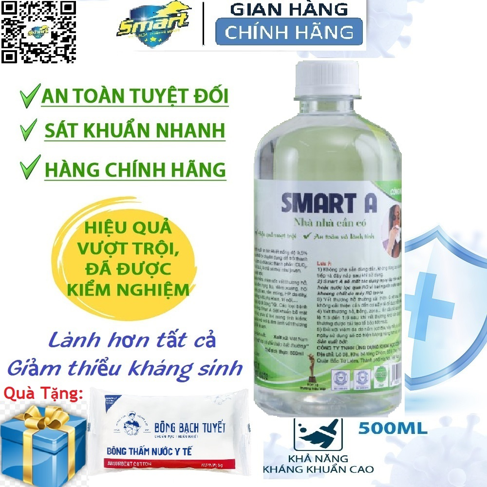 Dung dịch sát khuẩn Smart A 500ml - Khử khuẩn da, tai mũi họng - An toàn