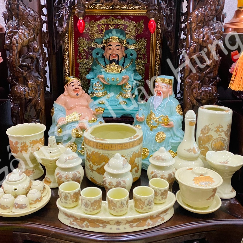 Bộ đồ thờ cúng, Set đồ thờ men vàng gốm sứ Bát Tràng cao cấp, Bộ đồ thờ thần tài, đồ thờ gia tiên chuẩn