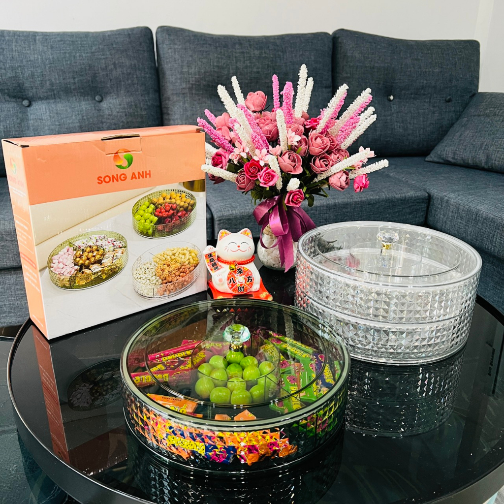Hộp Đựng Mứt Tết Bánh Kẹo 2 Tầng 10 Cánh Song Anh, Khay Mứt Núm Kim Cương xoay 360 Độ