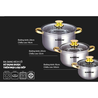 NỒI INOX SUNHOUSE 5 ĐÁY ĐỦ SIZE: 16 - 20 - 24 -26 CM. NỒI 5 ĐÁY DÙNG ĐƯỢC BẾP TỪ