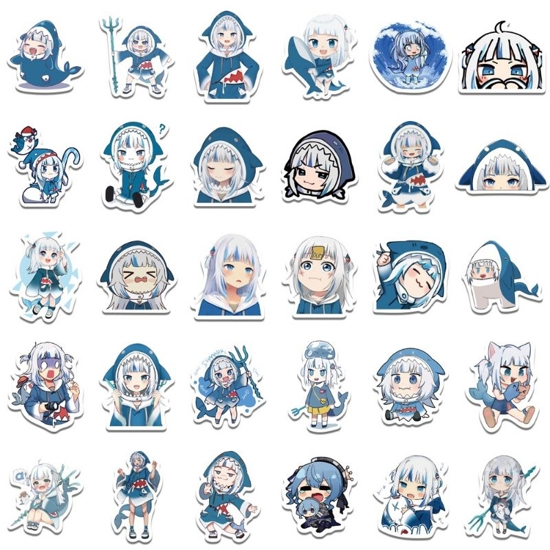 Set combo 50 miếng dán sticker anime Hololive Gawr Gura dán nón mũ bảo hiểm laptop vali sổ tay đàn guitar điện thoại