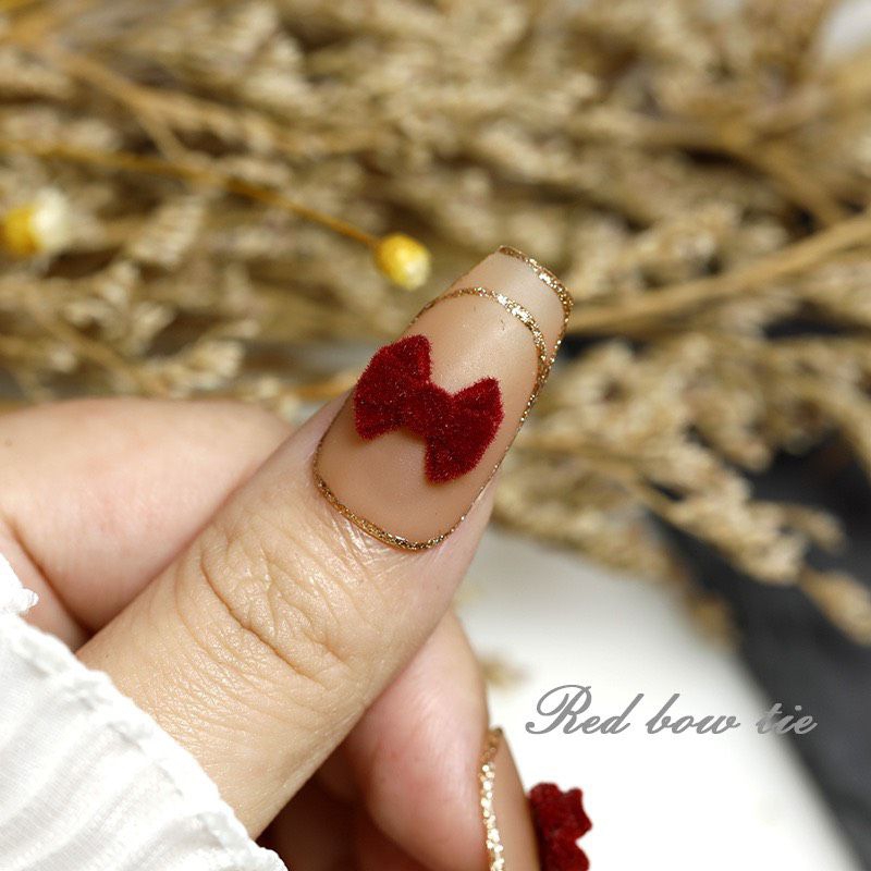 Charm nơ nhung màu đỏ đô gắn móng tay