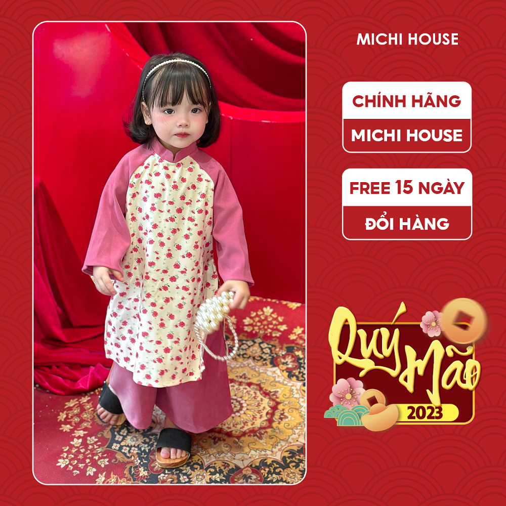 Set Áo Dài Cho Bé Truyền Thống Michi House Váy Xuông Mặc Lễ Tết Cho Bé Vải Nhung Mặc An Toàn Cho Da