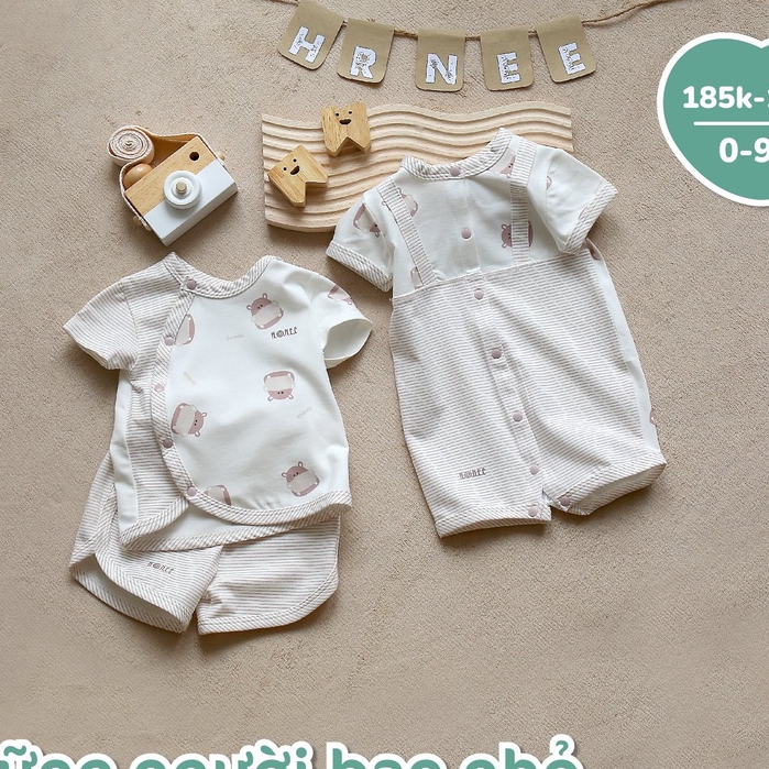 Bộ cộc tay cài chéo sơ sinh Modal gỗ sồi Hrnee cho bé 0m - 9m