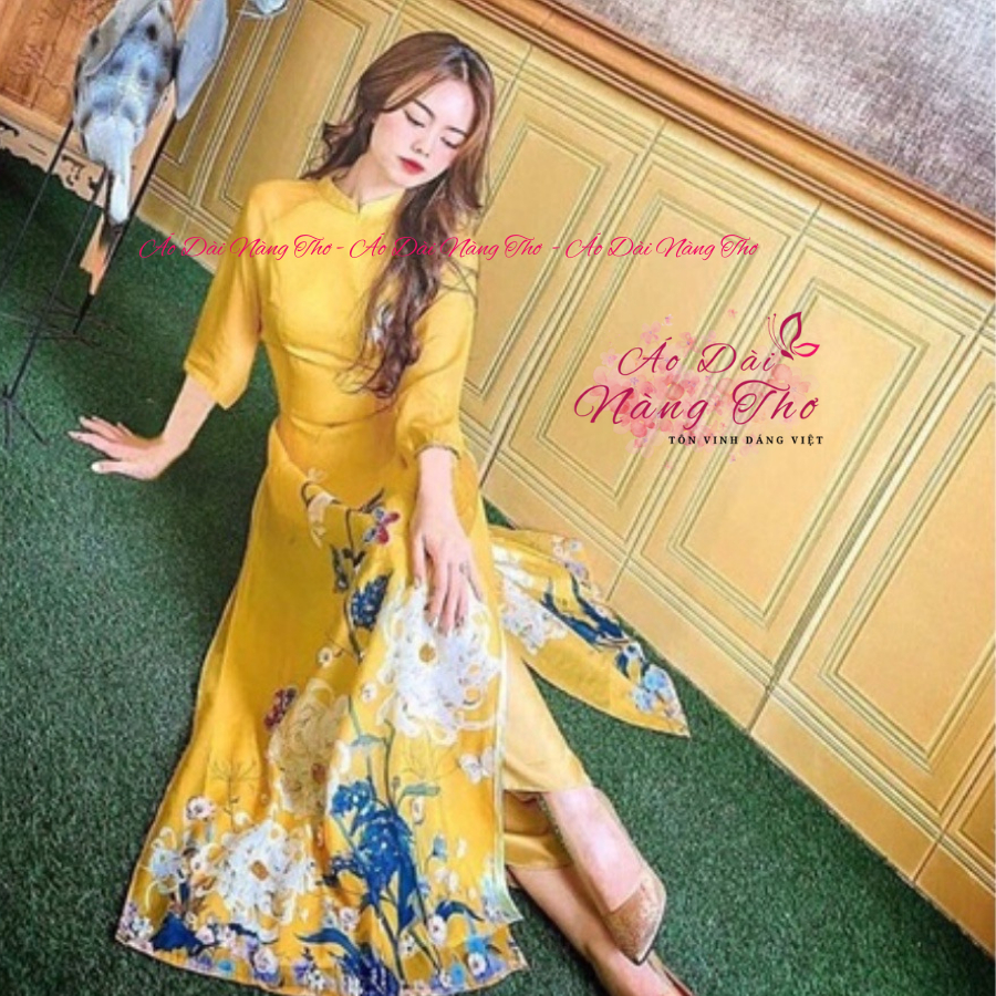 Áo dài lụa cách tân nữ 4 tà màu vàng may sẵn cao cấp - Áo dài Nàng Thơ