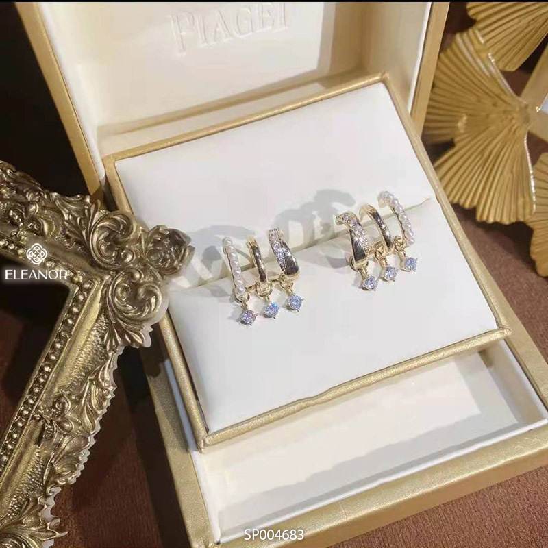 Bông tai nữ chuôi bạc 925 Eleanor Accessories đính đá ngọc trai nhân tạo phụ kiện trang sức dáng cong ba vòng