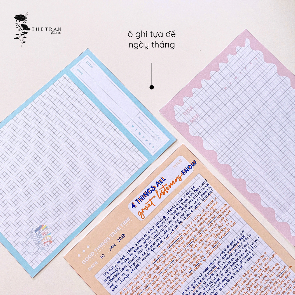 Bộ 10 tờ giấy ghi chép kẻ caro - A4, B5, A5, A6 - dọc, ngang pastel / art notepad / thetranstudio
