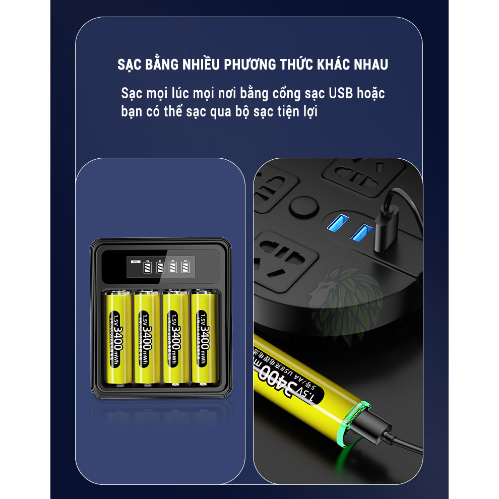 Pin sạc AA 1.5V USB Type-C Doublepow 3400mWh sạc trực tiếp, có sạc nhanh, dùng cho đồ chơi, điều khiển tivi. micro