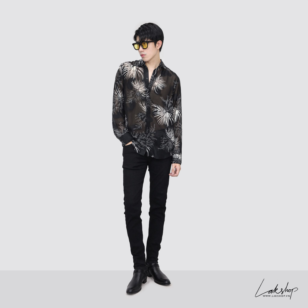 Áo sơmi xuyên thấu Lak Studios Fan Palm x Paisley Black Silk Shirt