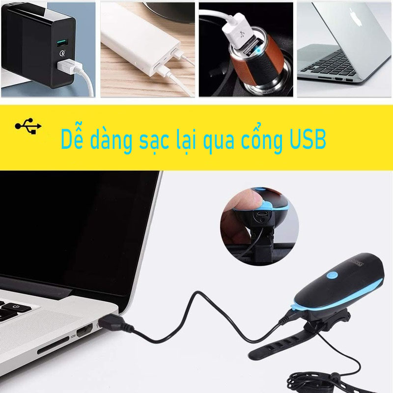 Đèn Xe Đạp Tích Hợp Còi Chống Nước Có Thể Sạc Lại Qua Cổng USB
