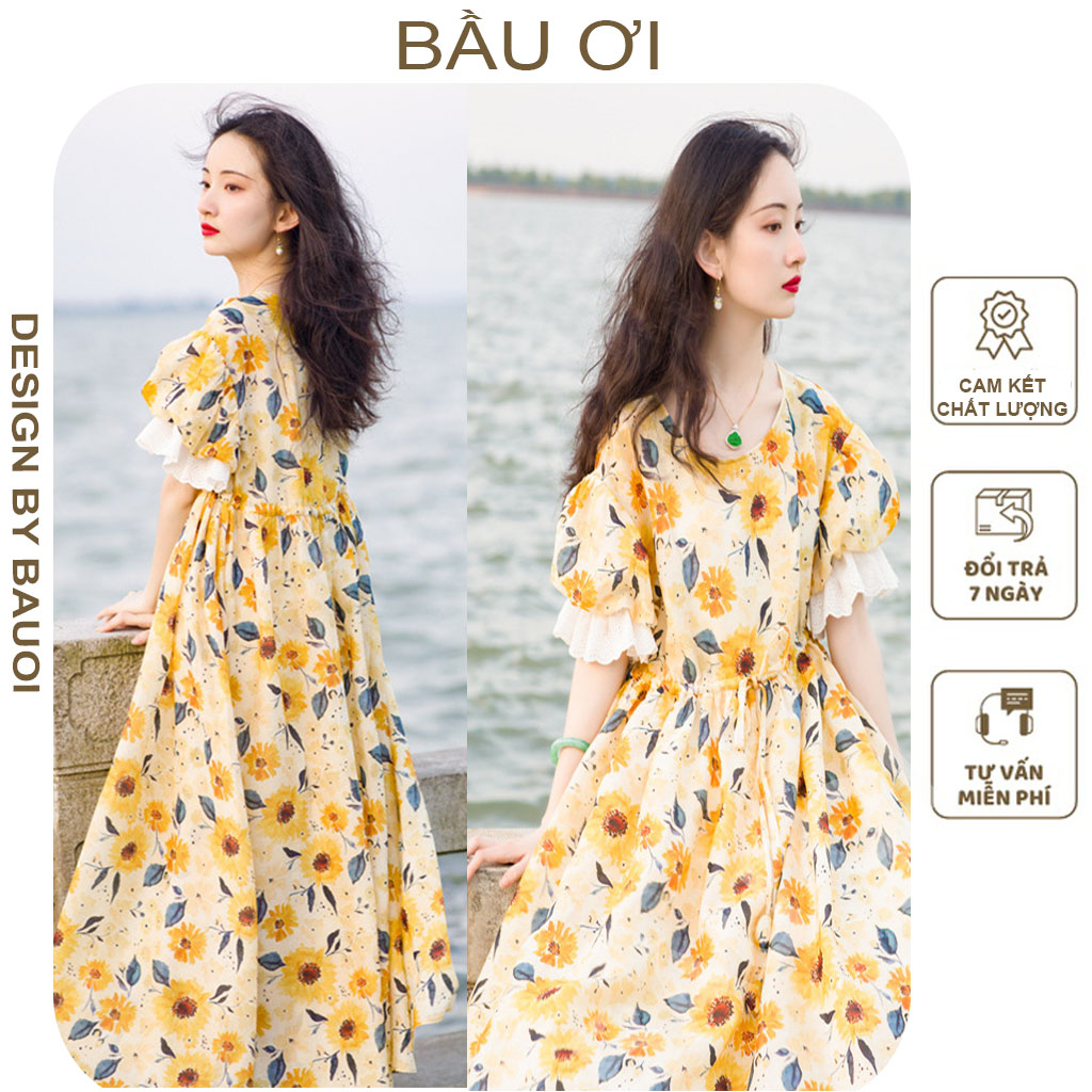 VÁY BẦU BABYDOLL DÁNG SUÔNG PHỐI REN HỌA TIẾT HOA HƯỚNG DƯƠNG - ĐẦU BẦU TIỂU THƯ CỰC XINH