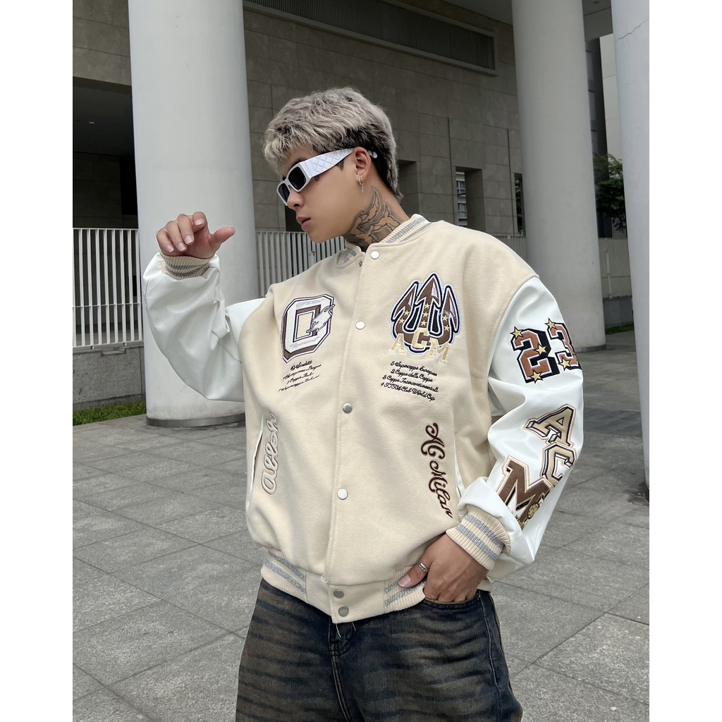 Áo khoác Bomber Varsity Jacket O.ff White AC Milan chất dạ 2 lớp phối tay da Pu cao cấp, Áo khoác bóng chày - Yoshop