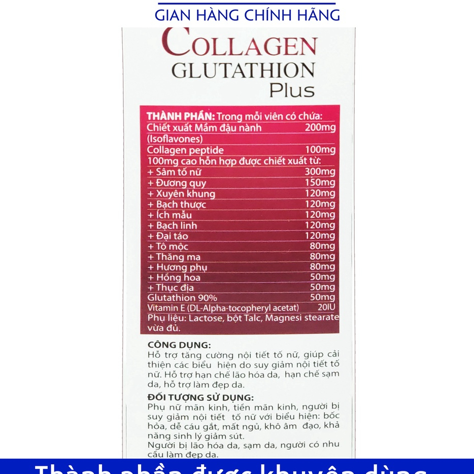 Viên uống đẹp da Collagen Glutathion Plus - Giảm nám sạm da, làm đẹp da, tăng nội tiết tố nữ hiệu quả - Hộp 30 viên