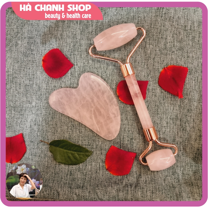 Cây Lăn Massage Mặt Đá Thạch Anh Hồng Hai Đầu Mát Xa Mặt Mắt Dụng Cụ Spa Đẩy Tinh Chất Dưỡng Sinh Chăm Sóc Da