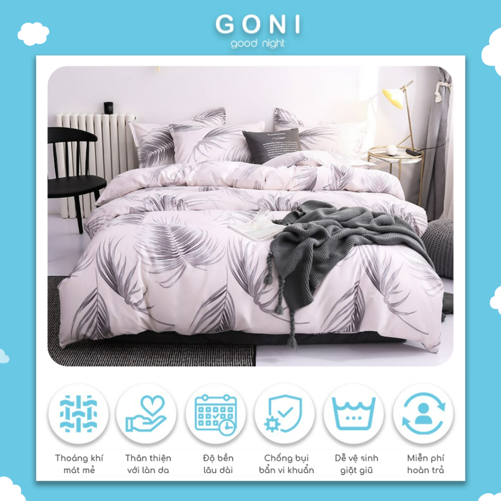 Bộ Chăn Ga Gối Cotton Tici GONI Họa Tiết Lá Cọ Nền Trắng Ánh Hồng Drap Giường Đủ Kích Thước Trải Nệm Không Kèm Ruột