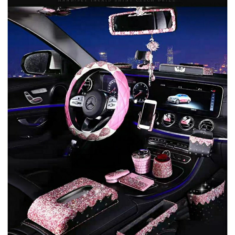 ( nhiều mẫu ) Hộp Đựng Khăn Giấy Trên Ô Tô Đính Đá Sang Trọng - Vương Miện - Thiên Nga Màu Hồng