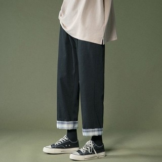 Quần ống rộng kaki phối kẻ gấu dáng unisex