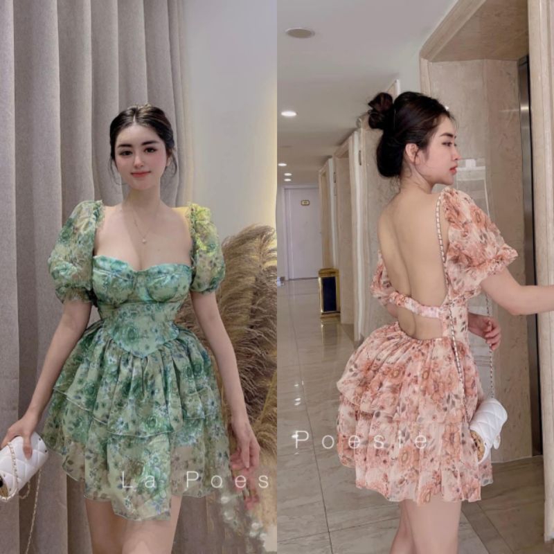 Đầm voan hoa tay ngắn cúp ngực có lót quần ( ảnh thật trải sàn )