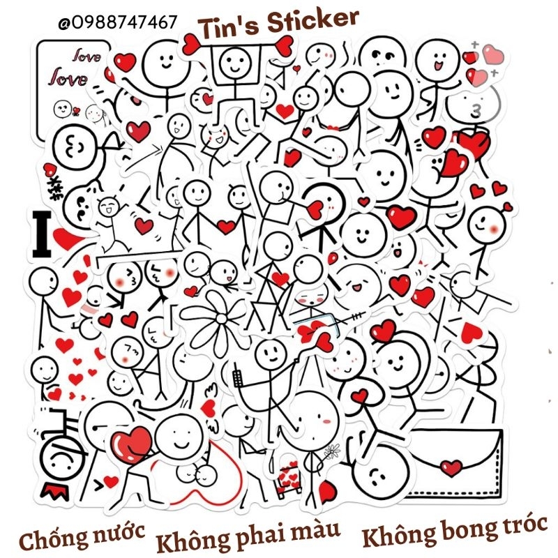 Set combo 50 miếng dán sticker I love you valentine dán nón mũ bảo hiểm laptop vali sổ tay đàn guitar điện thoại tủ lạnh