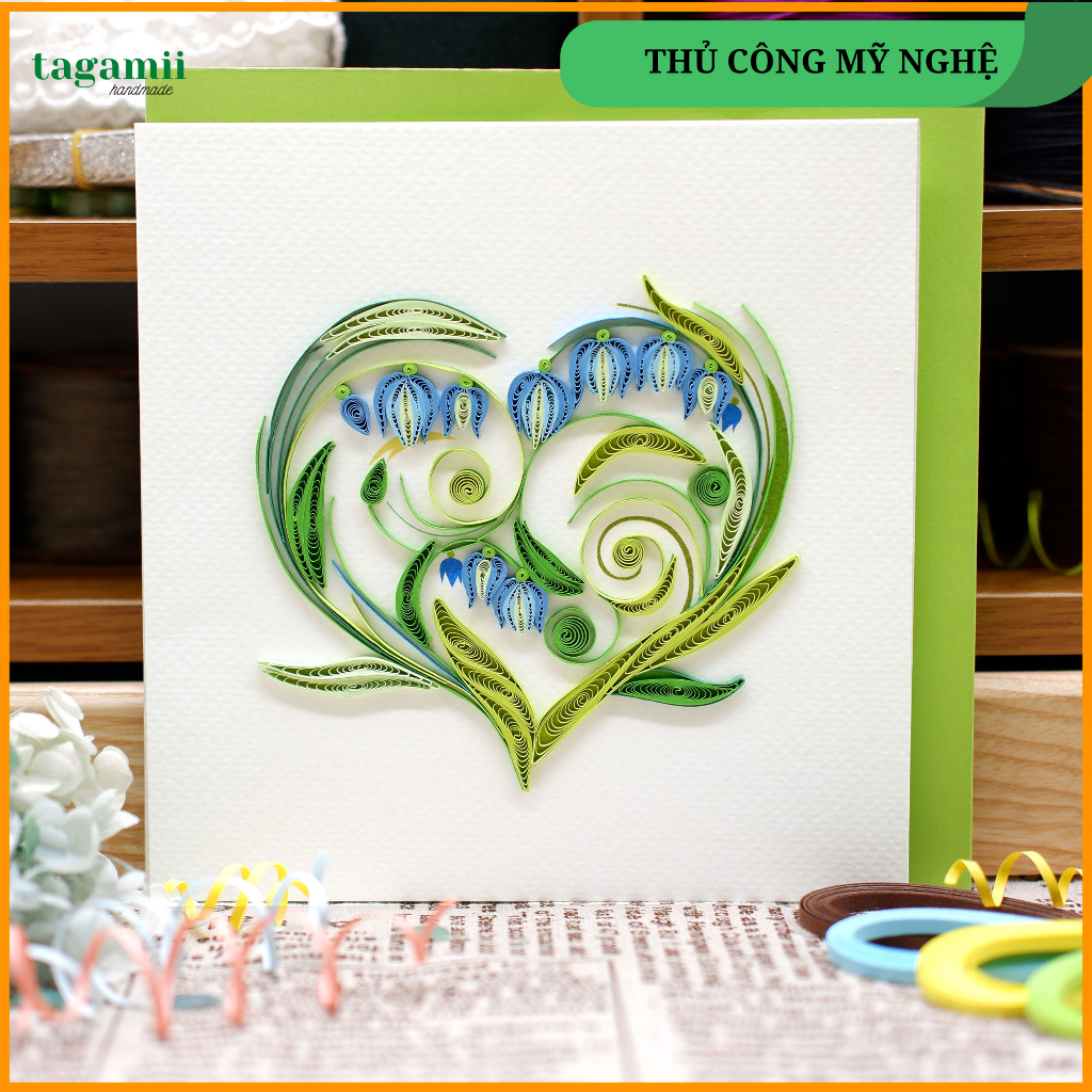 Thiệp Quilling Giấy Xoắn, Thiệp Trái Tim Hoa Chuông, Thiệp giấy Handmade làm Quà lưu niệm tặng Người thân 15cmx15cm
