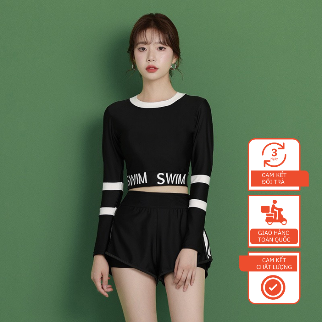 Bikini Đi Biển Dài Tay Sọc Trắng Đen