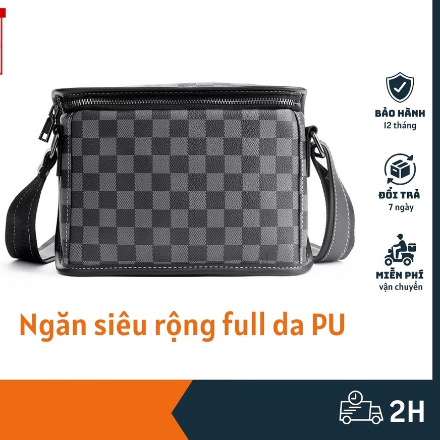 Túi đeo chéo đeo vai nam dạng hộp vuông ngăn siêu rộng da pu đen trơn kẻ caro cao cấp chống nước thời trang ARTW TDC004