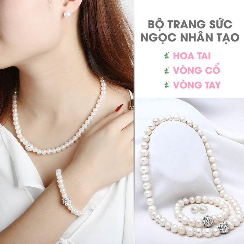 Bộ Ngọc Trai Vòng Cổ, Vòng Tai, Bông Tai Phối Ngọc Trai Nhân Tạo Sang Trọng, Thanh Lịch