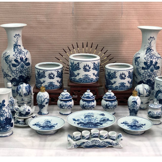 Bộ đồ thờ gia tiên, đồ thờ thần tài gốm sứ bát tràng cao cấp, Bộ đồ thờ men xanh